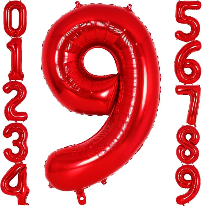 Red Number 9 Balloon 40 Inch, Big Large Foil Helium Number Balloons, Jumbo Giant Mylar Number 9 Balloons for 9 Year Old Birthday Red Party Decorations Supplies Anniversary
