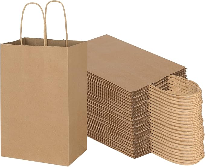 Toovip 100 Pack 5.25x3.25x8.25 Inch Small Plain Brown Kraft Paper Bags with Handles Bulk, Gift Bags for Favor Grocery Retail Party Birthday Shopping Business Goody Craft Merchandise Take Out Sacks