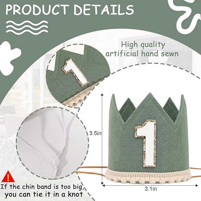 Simple 1st Birthday Party Crown - Classic First Birthday Hat, Unisex One Birthday Decor for Photo Props