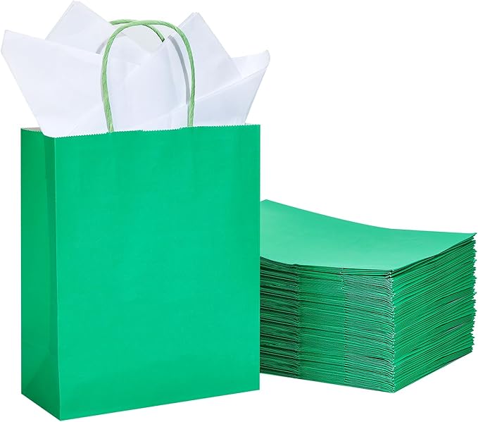 DjinnGlory 50 Pack Medium Size 10''x8''x4'' Green Paper Bags with Handles Bulk and 50 White Tissue Paper for Boutiques, Party Favors Treats Goodies, Christmas Gifts