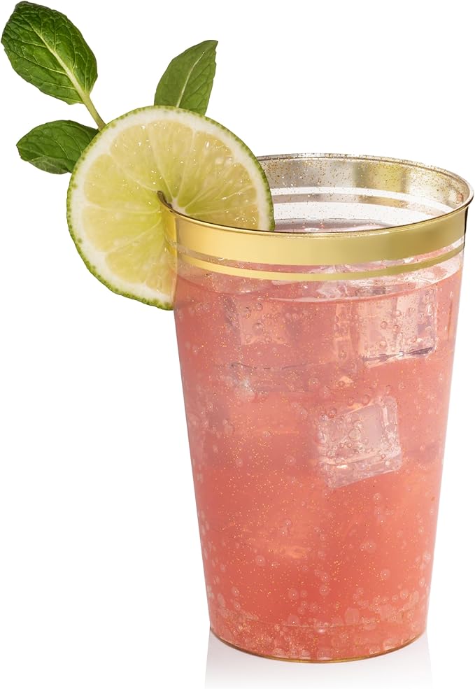 Perfect Settings 100 Premium 12oz Hard Plastic Cups Clear Glitter Gold Plastic Double Colored Rimmed Cups Fancy Disposable Wedding Cups Elegant Party Cups with Twin Colored Rim (Glitter Gold Rim, 12)