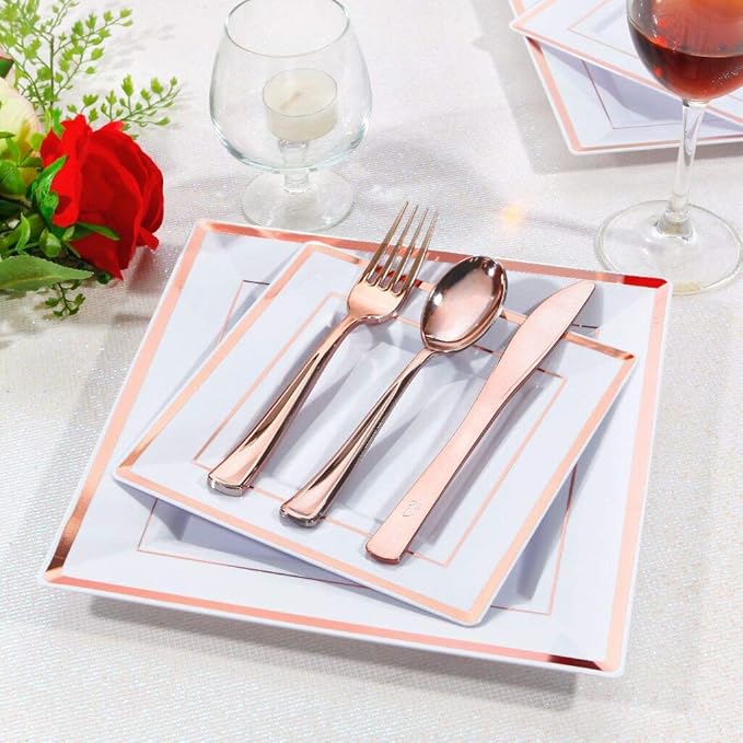 WDF 125pcs Rose Gold Plates with Disposable Silverware - Plastic Plates Dinnerware Include 25Dinner Plates,25 Salad Plates,25 Forks,25 Knives,25 Spoons for Wedding, Party
