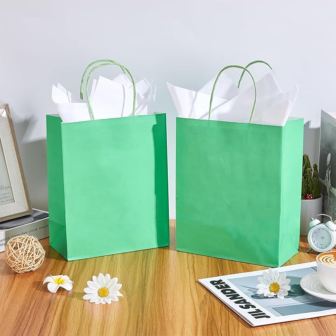 DjinnGlory 50 Pack Medium Size 10''x8''x4'' Green Paper Bags with Handles Bulk and 50 White Tissue Paper for Boutiques, Party Favors Treats Goodies, Christmas Gifts