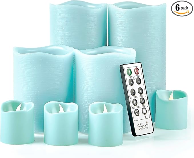 FURORA LIGHTING Blue Real Wax LED Candles with Remote and 6/18 Timer, 4 Pillars and 4 Votives Pack of 8, Flameless Flickering Candles for Home Décor, Battery Included