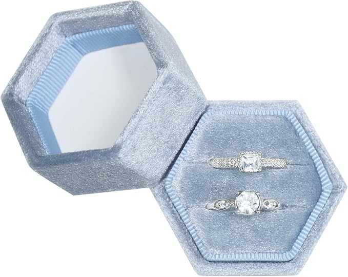 Velvet Ring Box, 2 Slots Hexagon Jewelry Ring Gift Box Vintage Ring Display Holder Case for Wedding Ceremony Proposal Engagement (Periwinkle Blue)