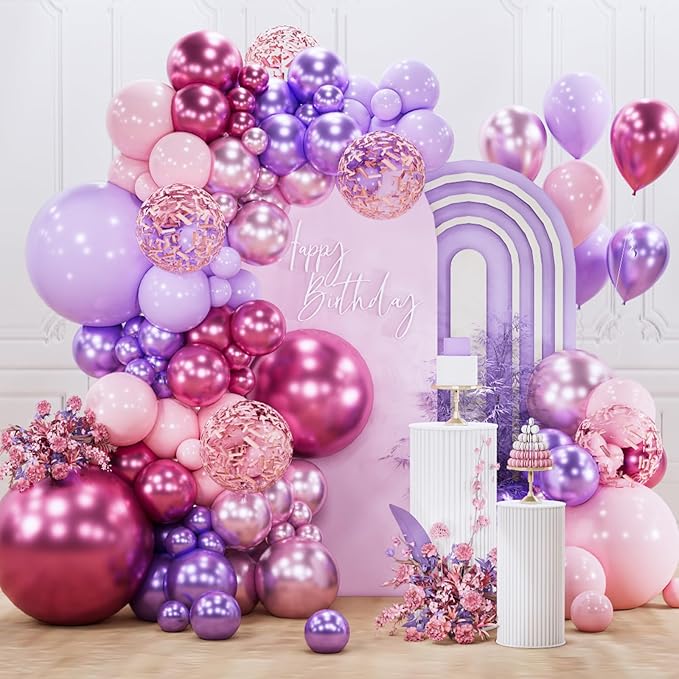 PartyWoo Pink and Purple Balloon Arch Kit Garland 142pcs Different Sizes of 18 12 10 5 Inch Metallic Baby Pink Hot Pink Chrome Light Purple Gold Confetti Balloons for Birthday Party Decorations