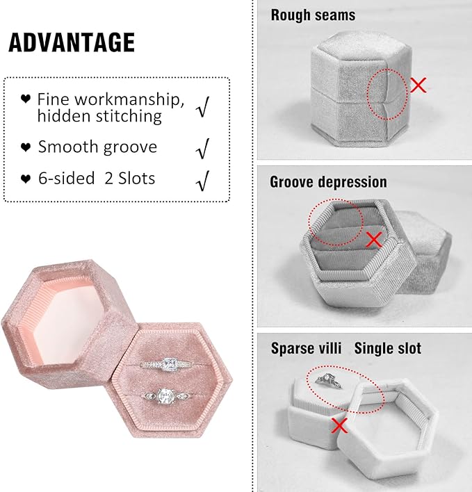 Velvet Ring Box, 2 Slots Hexagon Jewelry Ring Gift Box Vintage Ring Display Holder Case for Wedding Ceremony Proposal Engagement (Dusty Pink)