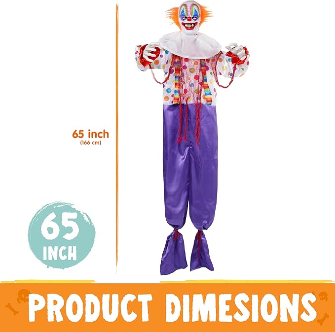 JOYIN 65" Halloween Hanging Clown Decoration Outdoor, Neon Face LED Talking with Light-up Eyes and Creepy Sound Haunted House Decor, for Lawn, Yard, Patio