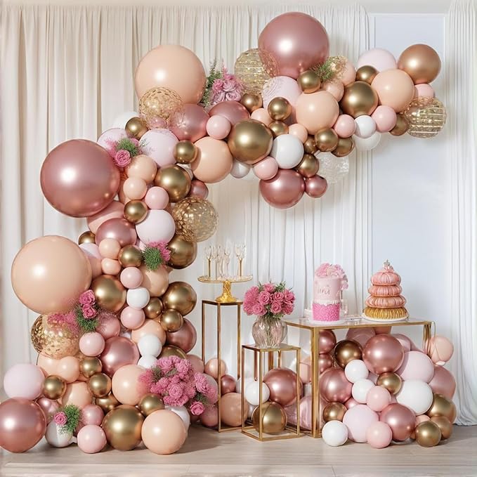 PartyWoo Nude and Gold Balloon Arch Kit 142pcs Different Sizes of 18 12 10 5 Inch Metallic Gold White Pink Rose Gold Confetti Balloons for Wedding Engagement Princess Girl Birthday Party Decorations