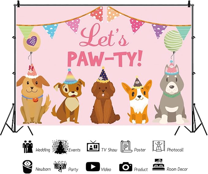 Baocicco 20x10ft Let's Paw-ty Backdrop Cartoon Doggy Puppy Shiba Inu Banner Balloons Poodle Birthday Hats Photography Background Pets Puppy's Birthday Party Decoration Pawty Theme Party Carnival