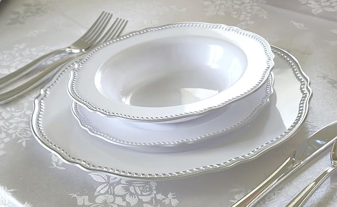 " OCCASIONS " 50 Plates Pack (25 Guests)-Heavyweight Wedding Party Disposable Plastic Plate Set -25 x 10.25'' Dinner + 25 x 7.5'' Salad/dessert plates (Rochelle White and Silver)