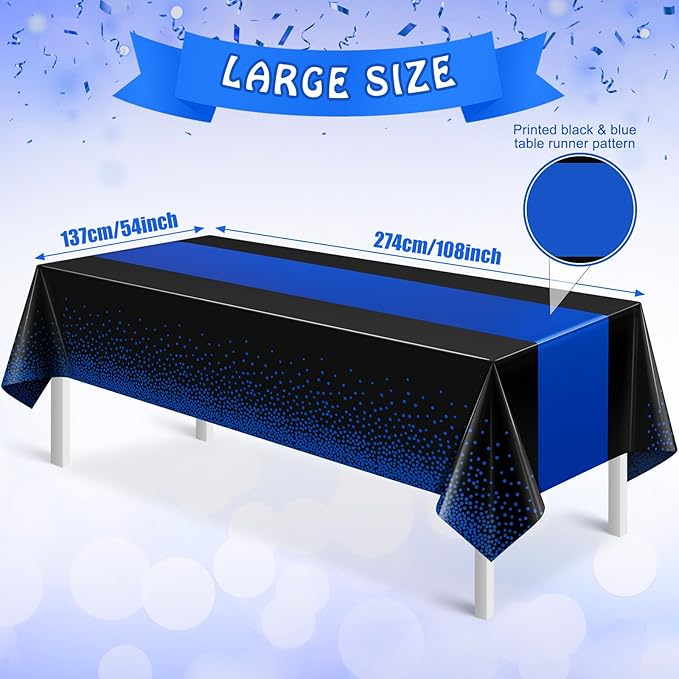MASHAN 1Pcs Black and Blue Tablecloth Party Decorations,Plastic Black Table Cloth Printed Blue Table Runner Disposable Rectangle Cover for Birthday Wedding Anniversary Graduation Party,54 x108 Inch