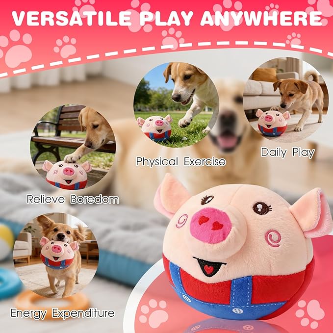 Interactive Dog Toys, Jumping Pig Dog Toys with Bounce, Recording and Music Modes, Active Moving Pet Plush Toy, Washable Cartoon Pig Plush Toy for Puppies/Small/Medium/Large Dogs (Red)