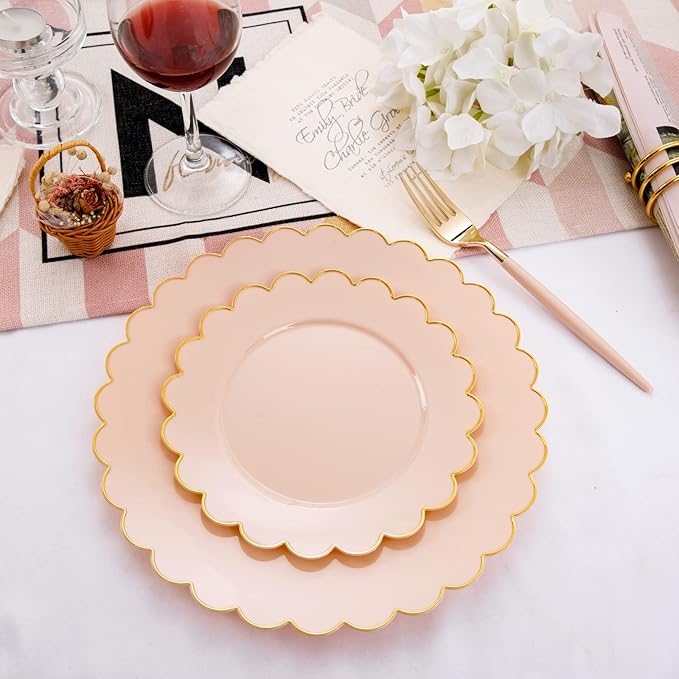 LIYH 60pcs Pink Plastic Plates with Gold Disposable Plates Includes: 30 Dinner 10.25" and 30 Dessert Plate 7.5" Gold Plastic Baby Shower Plate Set
