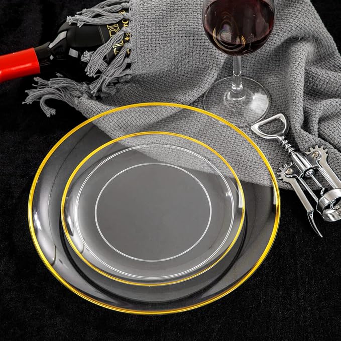 LIYH 60 Pcs Clear and Gold Plastic Plates Heavy Duty Clear Disposable Plates for Party Gold Plastic Plate for Wedding Birthday Include 30 Dinner 30 Dessert Plate