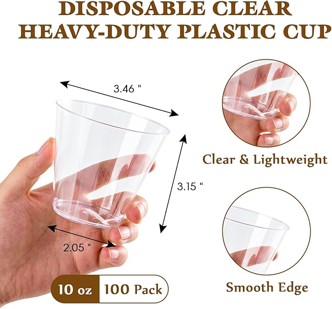 JOLLY CHEF 10 OZ Clear Disposable Plastic Cups, 100 Pack Heavy Duty Clear Plastic Cups Tumblers for Wedding, Thanksgiving, Halloween Christmas Party