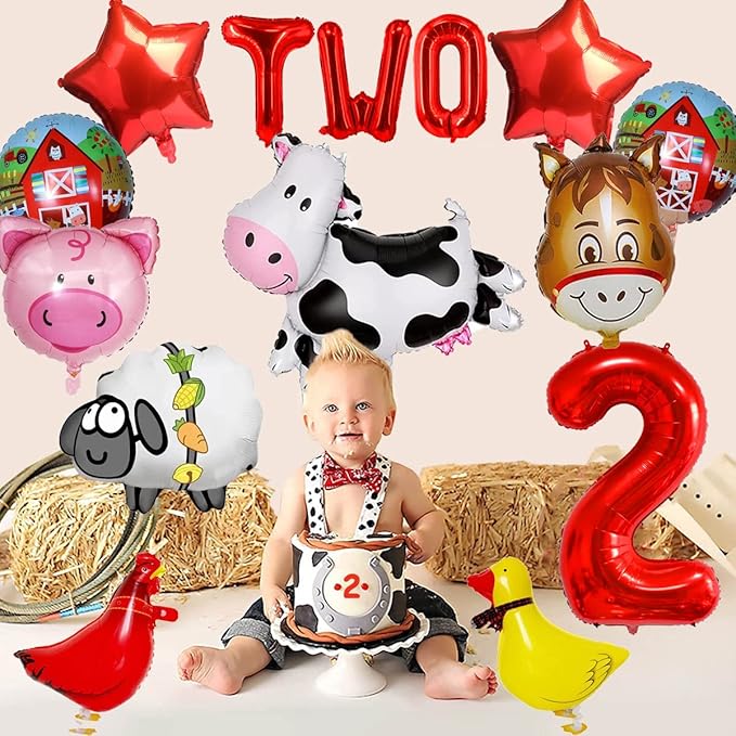 14 PCS Farm Animal Balloons Cow Sheep Duck Rooster Pig Donkey Balloons Barnyard Balloon Supplies with Large Number 2 Foil Balloon for Farm Animal Theme 2nd Birthday Party Decor Supplies