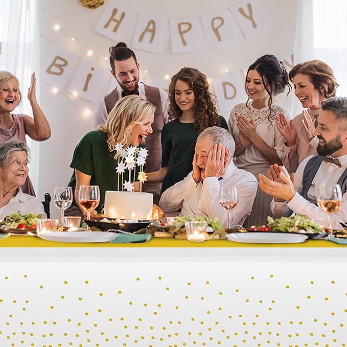 1Pcs White and Gold Tablecloth Party Decorations,Plastic White Table Cloth Printed Gold Table Runner Disposable Rectangle Tables Cover for Birthday Wedding Anniversary Graduation Party,54 x108 Inch