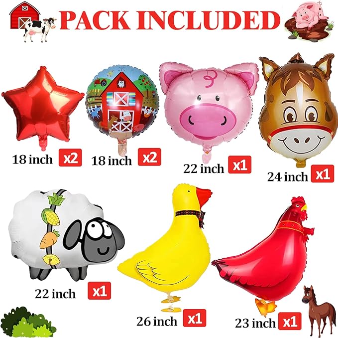 14 PCS Farm Animal Balloons Cow Sheep Duck Rooster Pig Donkey Balloons Barnyard Balloon Supplies with Large Number 2 Foil Balloon for Farm Animal Theme 2nd Birthday Party Decor Supplies