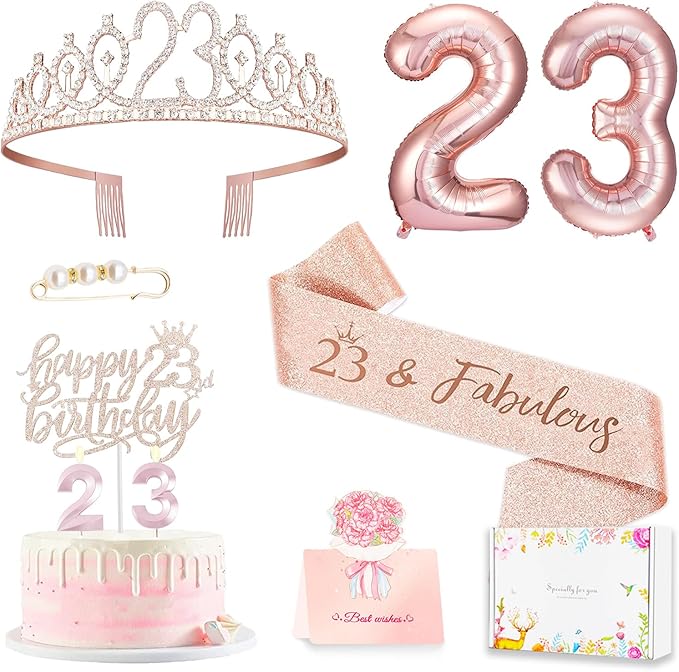 23rd Birthday Decorations for Her Girls Women, Including 23 year old Birthday Cake Topper, Queen Sash with Pearl Pin, Sweet Rhinestone Tiara Crown, Number Candles and Balloons Set, Rose Gold