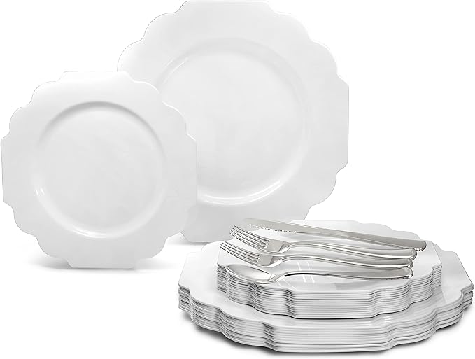 " OCCASIONS " 150 Piece set (25 Guests)-Wedding Plastic Plates & cutlery -Disposable heavyweight Dinnerware 10.5'', 8'' + Silverware w/double fork (Imperial in White)