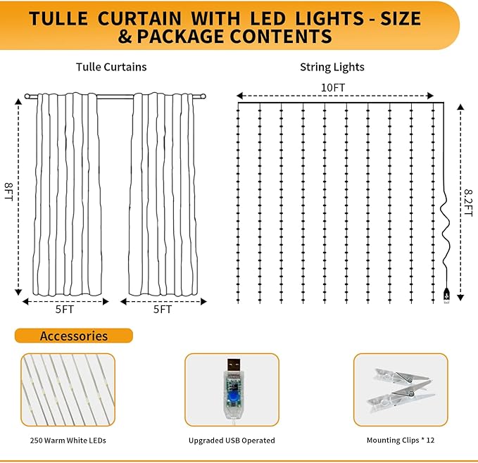 Pink Tulle Backdrop Curtain with Lights String - 10x8ft Sheer Backdrop with 250 LEDs for Wedding, Baby Shower, Bridal Shower, Birthday Party Photo Shoot Background and Home Decorations