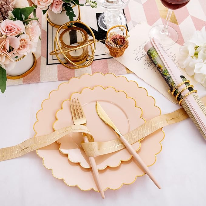 LIYH 60pcs Pink Plastic Plates with Gold Disposable Plates Includes: 30 Dinner 10.25" and 30 Dessert Plate 7.5" Gold Plastic Baby Shower Plate Set