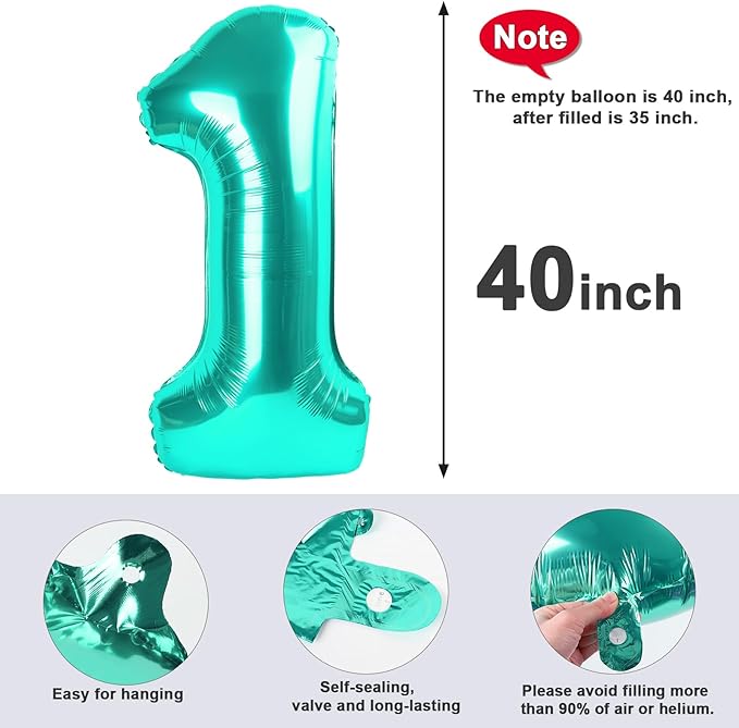 Number Balloons 1, 40 Inch Ballons for Girl Boy 1st 1 11 21 Birthday Decorations Baby Shower Photo Shoot, Blue-green One Balloons
