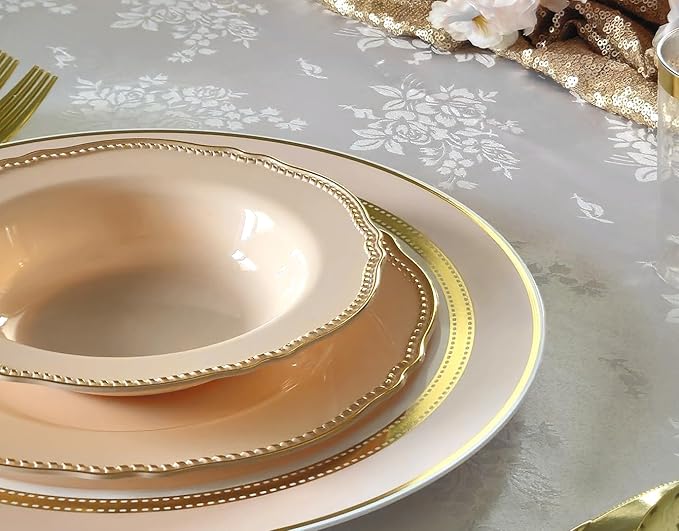 " OCCASIONS " 240 Plates Pack,(120 Guests) Heavyweight Premium Disposable Plastic Plates Set -120 x 10.25'' Dinner + 120 x 7.5'' Salad/Dessert (Rochelle Antique Rose and Gold)