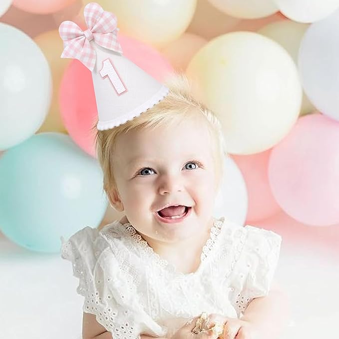 Pink Bow 1st Birthday Hat for Girls - Pink and White Theme First Brithday Decorations, Sweet One Theme Party Hat, Baby Girl Bday Decor (1st birthday hat)
