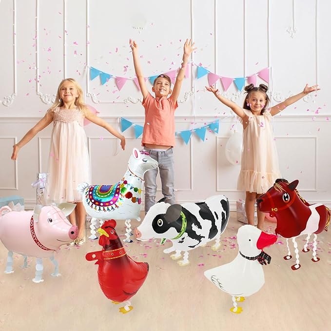 6 Pcs Farm Animal Balloons - Large Cow Horse Duck Chicken Pig Llama Mylar Foil Balloons for Birthday Party, Baby Shower, Farm Theme Party Supplies