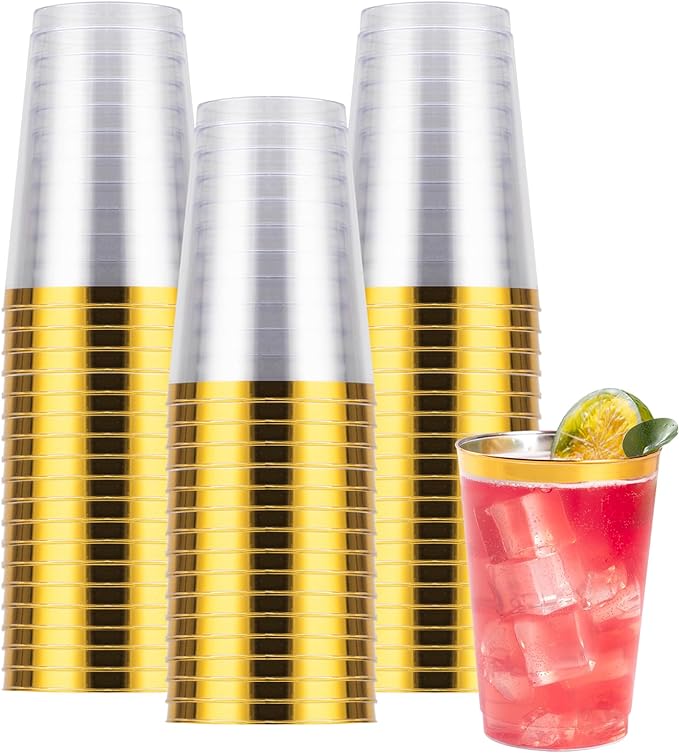 Goodluck 50PCS 12oz Gold Plastic Cups for Party, Disposable Gold Rim Cups, Plastic Cocktail Glasses for Wedding Thanksgiving, Christmas, and Parties