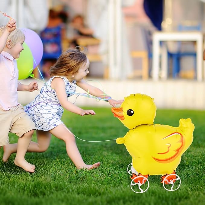 Walking Duck Foil Balloons With Wheels Standing pet Duck animal balloon Cute Ducking Mylar Balloons for Jungle Safari baby Shower Animal Theme Birthday Party Decorations Supplies
