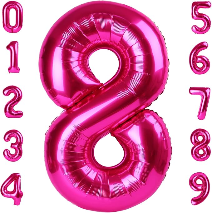 40 Inch Number 8 Balloon, Hot Pink 8 18 28 80 Birthday Balloons for Men Boys, 8th Birthday Decorations Party Supplies, Wedding, Graduations