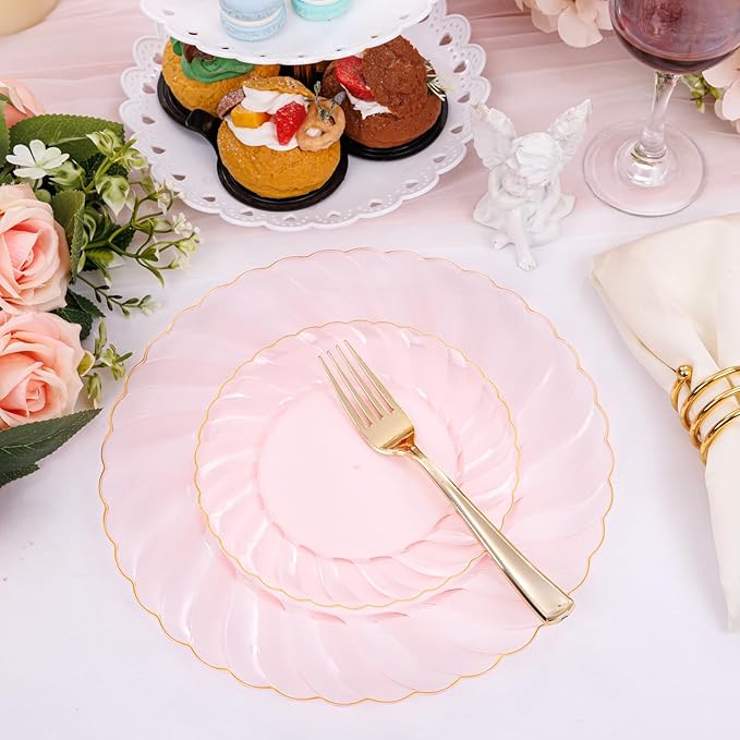 YOUBET 125Pieces Clear Pink Plastic Plates with Gold Rim - Gold Plastic Silverware Include 25 Dinner Plates 25 Dessert Plates 75 Golden Silverwares for Wedding Birthday & Parties