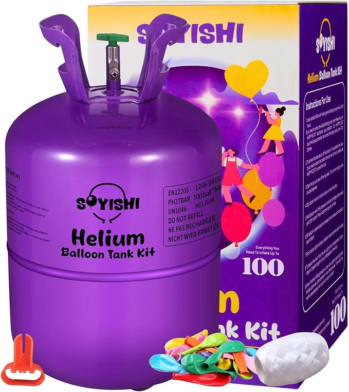 22L Helium Tank for Balloons at Home with 100 Assorted Latex Balloons and Curling Ribbon Helium Balloon Pump Kit Pure Helium Gas (1 Tank)