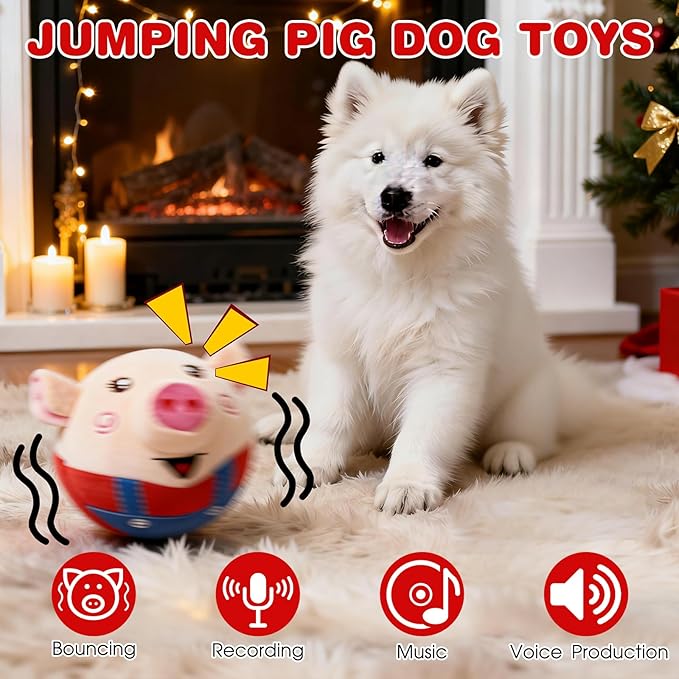 Interactive Dog Toys, Jumping Pig Dog Toys with Bounce, Recording and Music Modes, Active Moving Pet Plush Toy, Washable Cartoon Pig Plush Toy for Puppies/Small/Medium/Large Dogs (Red)