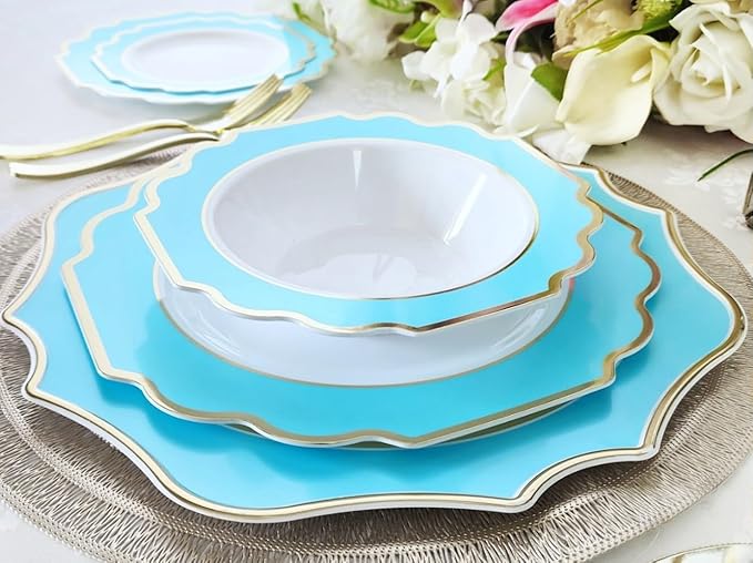 OCCASIONS 720 Pcs set (120 guest) Wedding Disposable Plastic Plate and Silverware Combo 10.5" + 8" + Silverware (Double Fork) (Imperial in White/Aqua & Gold Rim, Gold Silverware)