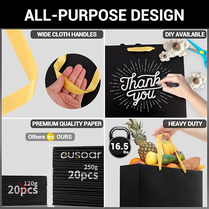 EUSOAR Large Black Golden Handles Shopping Bags, 20 Pack 12.5x4.5x11 inches Gift Wrap Bags Handles Bulk, Merchandise Retail Wrapping Bags for Business, Craft Grocery, Wedding