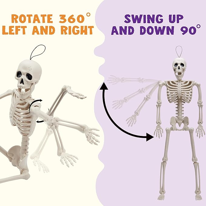 JOYIN 2PCS 16" Halloween Skeleton Decor, Full Body Stayable Movable Joints, Posable Hanging Skeletons for Halloween Decoration, Yard, Graveyard, Haunted House Props, Spooky Scene Party Favor
