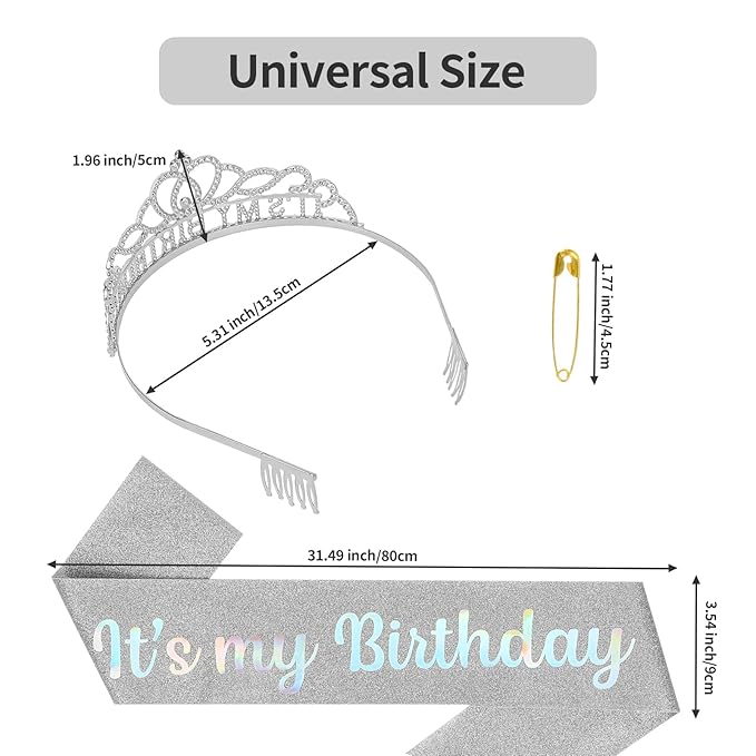 Silver Birthday Crown - Glitter Its My Birthday Sash, Tiara for Parties & Decorations