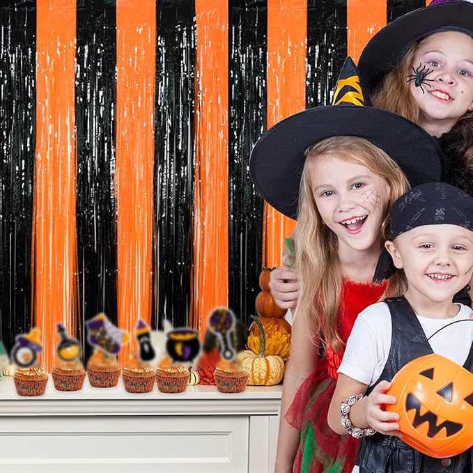 TONIFUL 2Pcs Black Orange Door Streamers,Photo Booth Backdrop Metallic Streamers Foil Fringe Curtains for Birthday,Christmas,New Year,Bachelorette,Halloween Party Streamers Decor(9.9ft x 6.6ft)