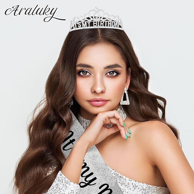 Silver-Black Crown and Sash for Women, Birthday Tiara Headband, Happy Birthday Hat, Party Favors Gift