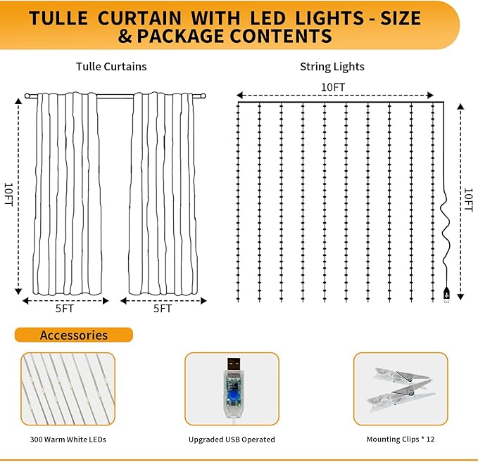 Pink Tulle Backdrop Curtain with Lights String - 10x10ft Sheer Backdrop with 300 LEDs for Wedding, Baby Shower, Bridal Shower, Birthday Party Photo Shoot Background and Home Decorations