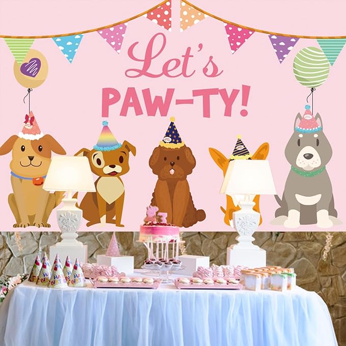 Baocicco 10x7ft Let's Paw-ty Backdrop Cartoon Doggy Puppy Shiba Inu Banner Balloons Poodle Birthday Hats Photography Background Pets Puppy's Birthday Party Decoration Pawty Theme Party Carnival