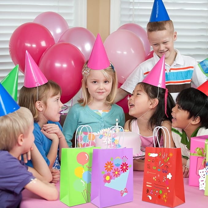 XPCARE 32Pcs Paper Gift Bags, 6.3"x3.15"x8.66" Kraft Paper Party Favor Bags Bulk Rainbow Goodie Bags Small Gift Bags with Handles for Kids Birthday Baby Shower Crafts Wedding Party Supplies (6 Colors)