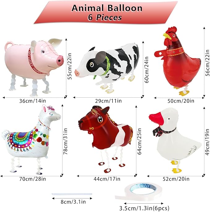 6 Pcs Farm Animal Balloons - Large Cow Horse Duck Chicken Pig Llama Mylar Foil Balloons for Birthday Party, Baby Shower, Farm Theme Party Supplies