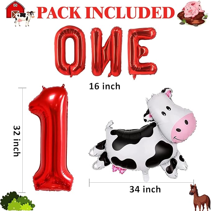 14 PCS Farm Animal Balloons Cow Sheep Duck Rooster Pig Donkey Balloons Barnyard Balloon Supplies with Large Number 1 Foil Balloon for Farm Animal Theme 1st Birthday Party Decor Supplies