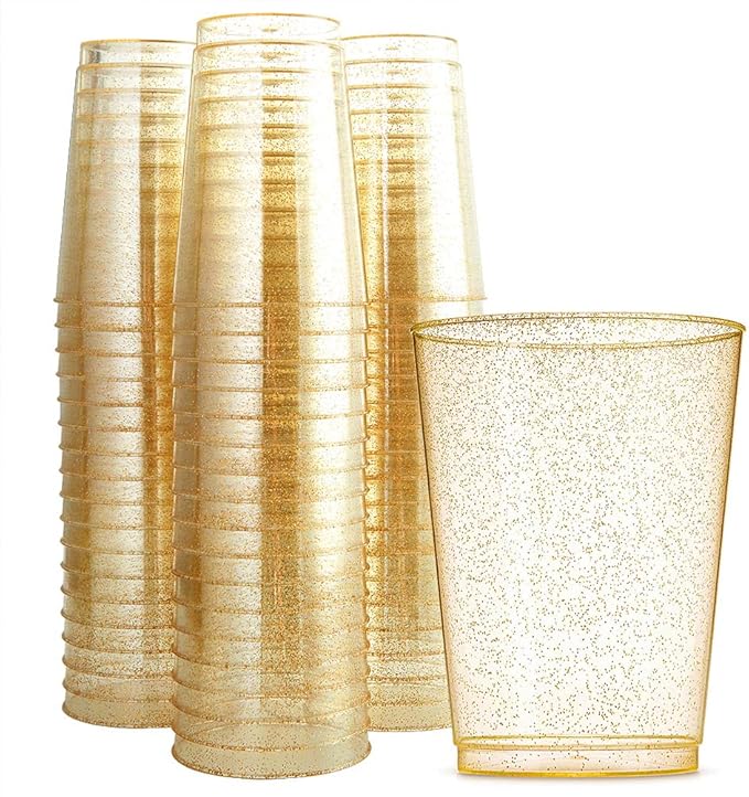 WDF 100pcs 12OZ Gold Cups - Disposable Gold Glitter Plastic Cups - Premium Wedding - Party for Thanksgiving, Christmas