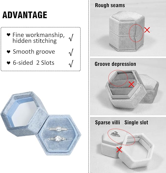 Velvet Ring Box, 2 Slots Hexagon Jewelry Ring Gift Box Vintage Ring Display Holder Case for Wedding Ceremony Proposal Engagement (Periwinkle Blue)